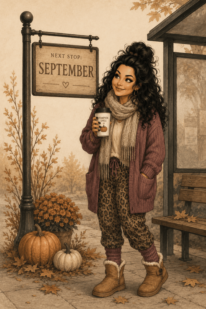 A young woman with curly hair standing at a bus stop sign that reads 'Next Stop: September.' She is holding a coffee cup labeled 'Pumpkin Spice' and wearing a cozy outfit, including a cardigan and leopard print pants, surrounded by fall foliage and pumpkins.