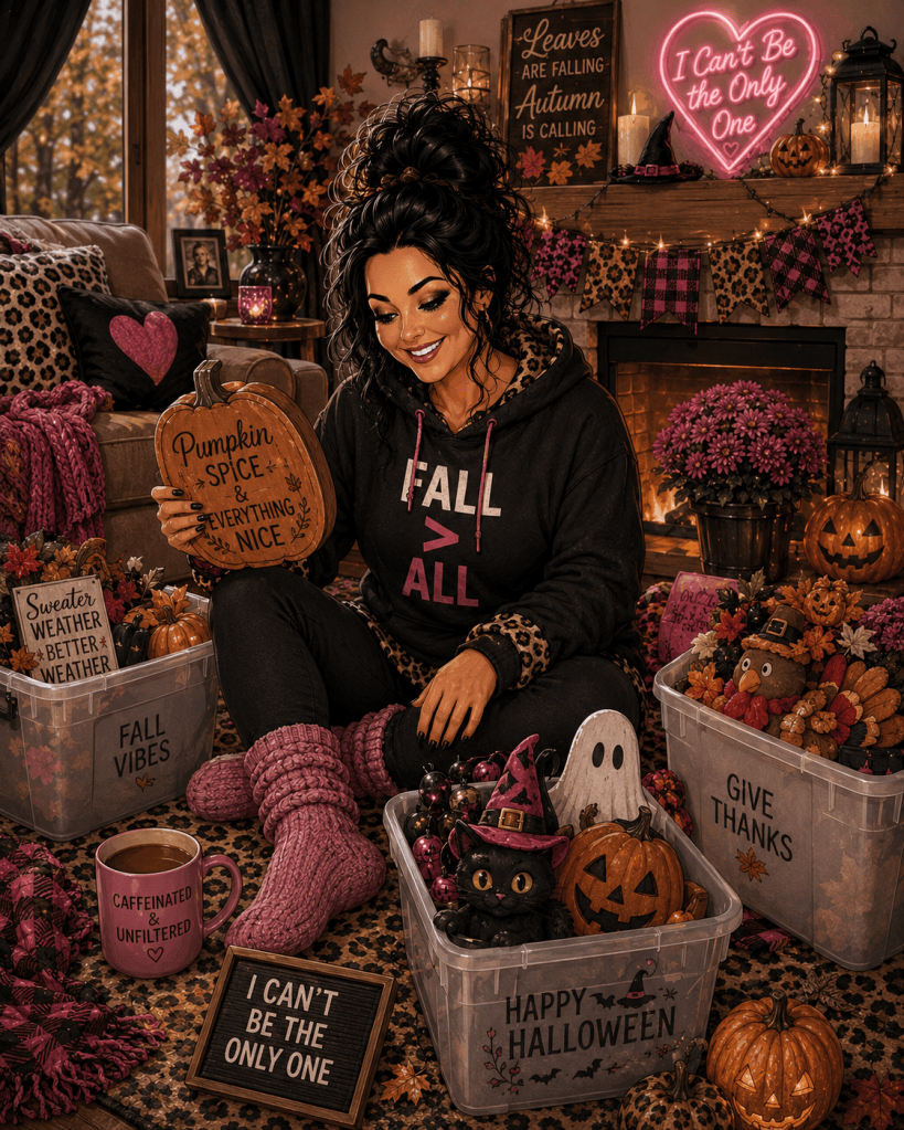 A woman sitting in a cozy autumn-themed living room, wearing a hoodie with 'FALL > ALL' printed on it. She holds a pumpkin decoration labeled 'Pumpkin Spice & Everything Nice.' The room is decorated with various fall items, including pumpkins, fall leaves, and Halloween decorations, while a neon sign reads 'I Can't Be the Only One.'