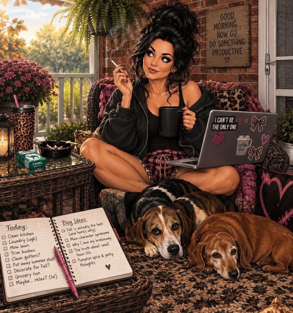 A woman sitting on a cozy wicker chair with her legs crossed, holding a coffee mug and a cigarette. She is surrounded by two dogs lying at her feet, and a laptop with stickers is open on her lap. A notebook with tasks and blog ideas is next to her, and there are plants and colorful flowers in the background.