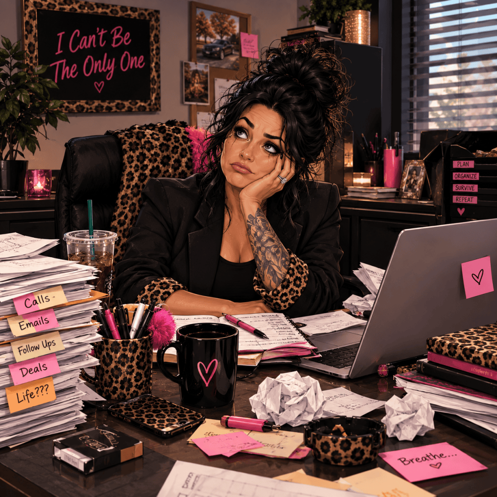 A woman with long, dark hair and a tattoo sits at a cluttered desk, looking thoughtfully off to the side. The desk is filled with piles of papers, colorful sticky notes, and office supplies. A laptop, a coffee cup, and a plant are visible, along with a decorative sign that reads 'I Can't Be The Only One'. The overall atmosphere conveys a mix of stress and style.