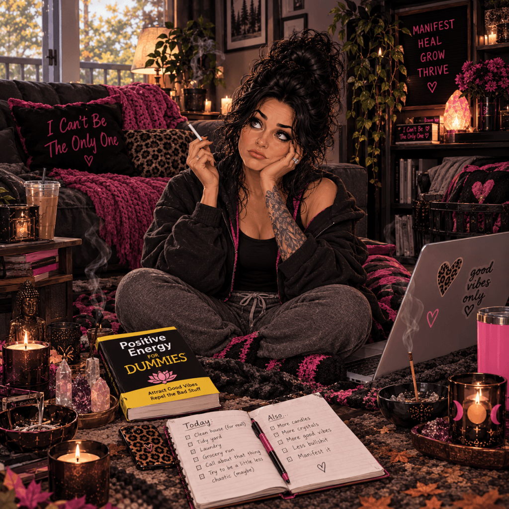 A young woman sitting cross-legged on a cozy, decorated floor, looking thoughtfully up while holding a cigarette. She has a relaxed outfit and is surrounded by a warm ambiance with candles and plants. A book titled 'Positive Energy for Dummies' is prominently displayed, along with a laptop featuring motivational phrases. Nearby are notebooks with to-do lists, creating a reflective and personal space.