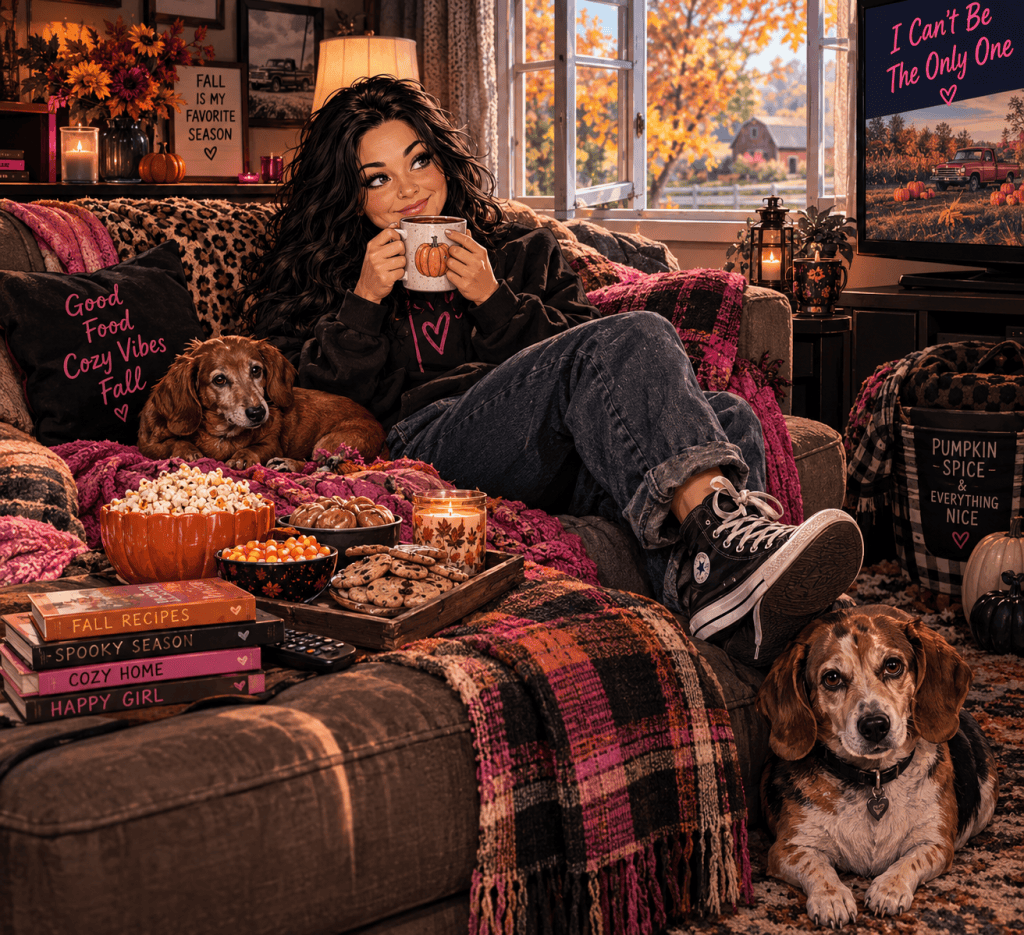 A woman sitting on a cozy couch, enjoying a drink while gazing thoughtfully. She has two dogs beside her and a warm, autumn-themed setting with snacks, candles, and decorative pillows.