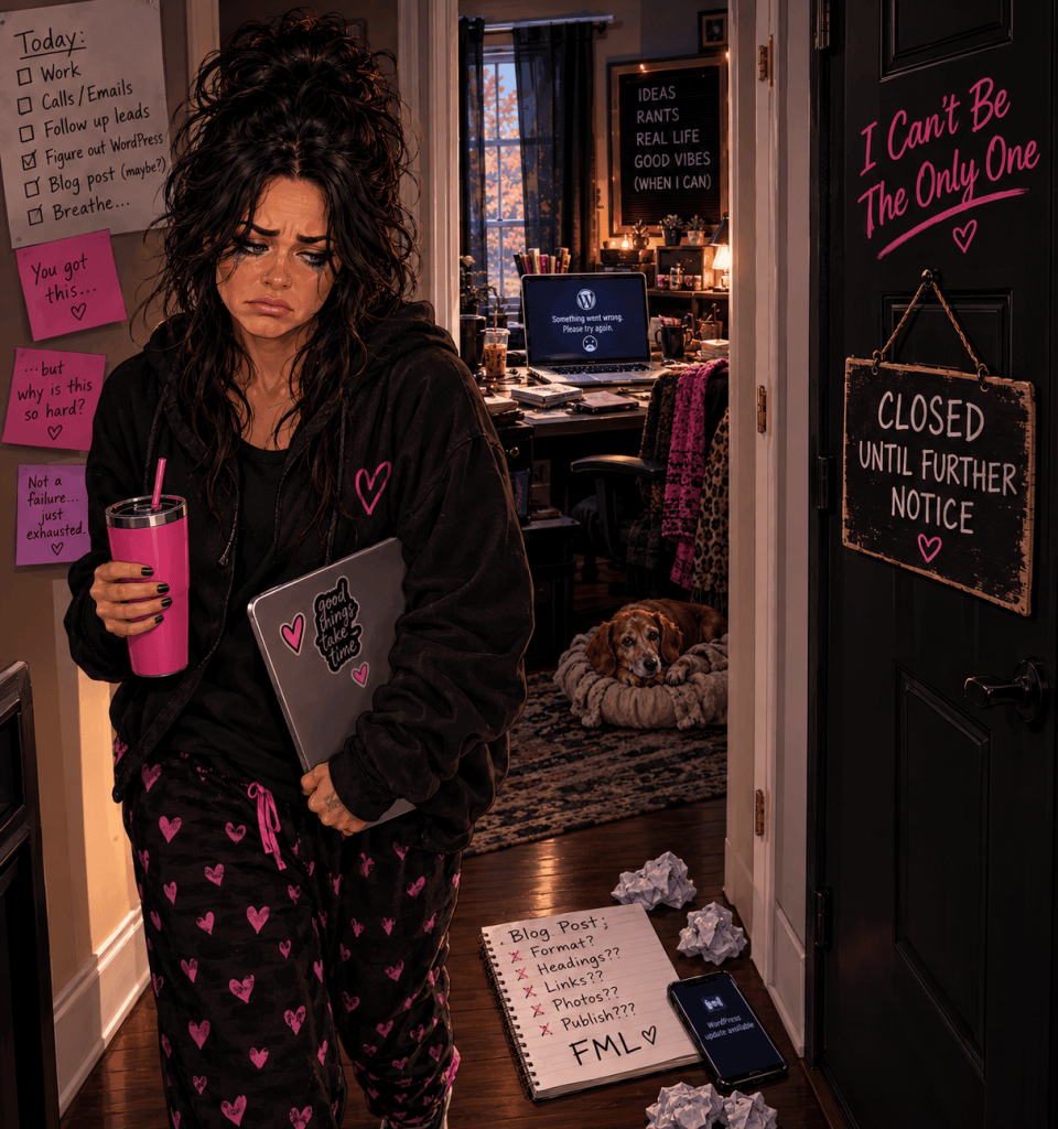 A woman in casual loungewear looks overwhelmed while holding a laptop and a drink, standing in a cluttered room filled with notes and reminders. The background features a messy desk, a sleeping dog, and signs with motivational and discouraging messages.